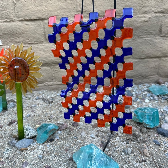 orange and blue wavy fused glass sun catcher - 8x12 inches - Picture 1 of 7